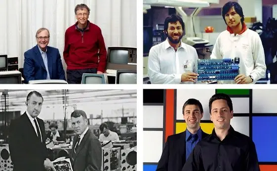 From top left: Paul Allen and Bill Gates of Microsoft; Steve Wozniak and Steve Jobs of Apple; William Hewlett and David Packard of HP; Sergey Brin and Larry Page of Google.